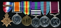 Alfred Burley : (L to R) 1914 Star with clasp '5th Aug.-22nd Nov. 1914'; British War Medal; Allied Victory Medal; General Service Medal 1918-62 with clasps 'Iraq', 'N. W. Persia'; Delhi Durbar 1911 Medal; Long Service and Good Conduct Medal.